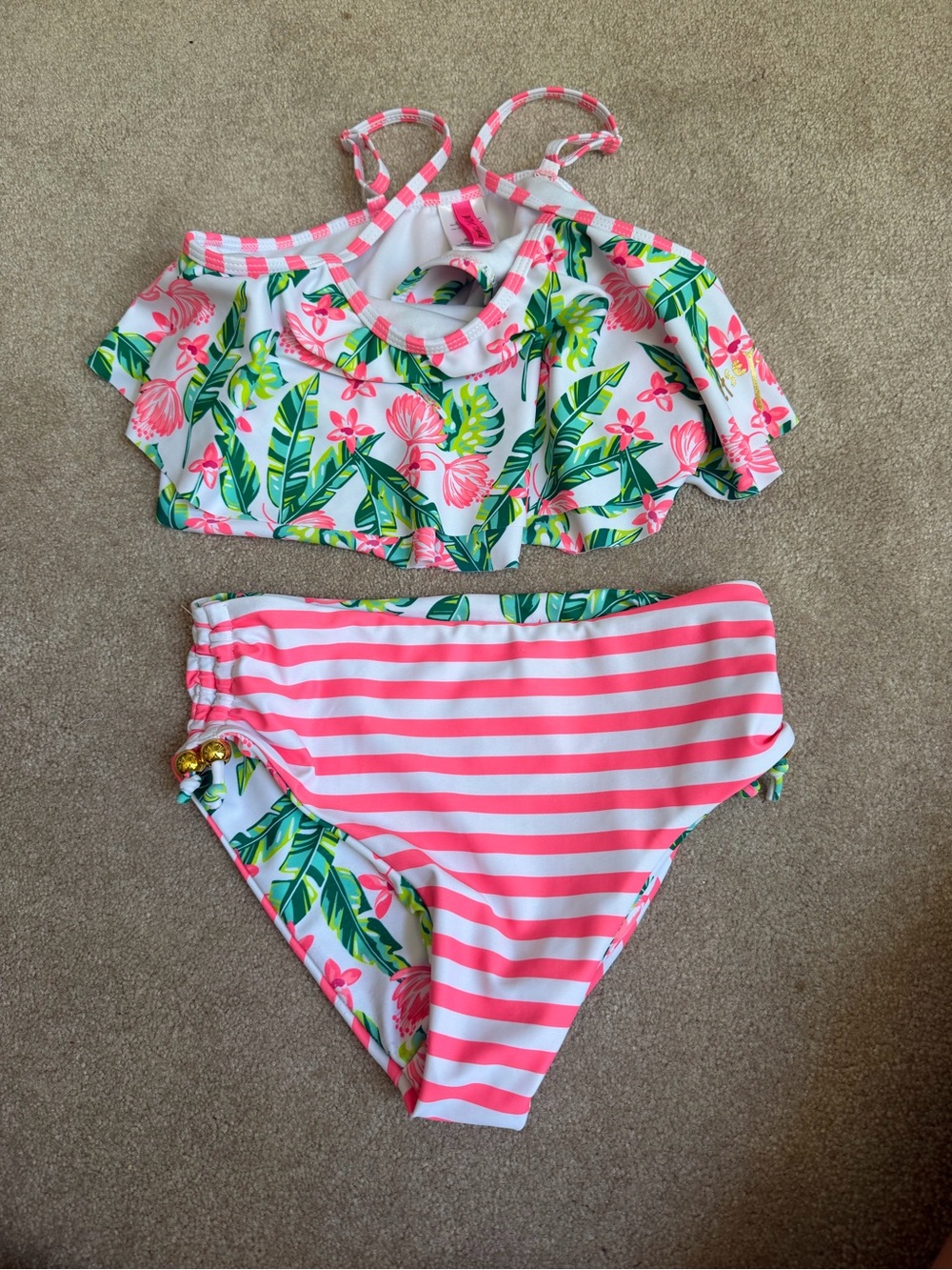 Betsey Johnson Pink Floral & Green Leaf Girls Two-Piece Swimsuit